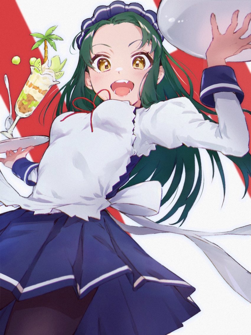 1girl, apron, breasts, cowboy_shot, cup, dress, fang, food, frilled_apron, frills, green_hair, highres, maid, maid_apron, maid_headdress, medium_breasts, pantyhose, plate, puffy_sleeves, rabbitioli, skirt, solo, spoon, suzumiya_haruhi_no_yuuutsu, tsuruya, waist_apron, yellow_eyes