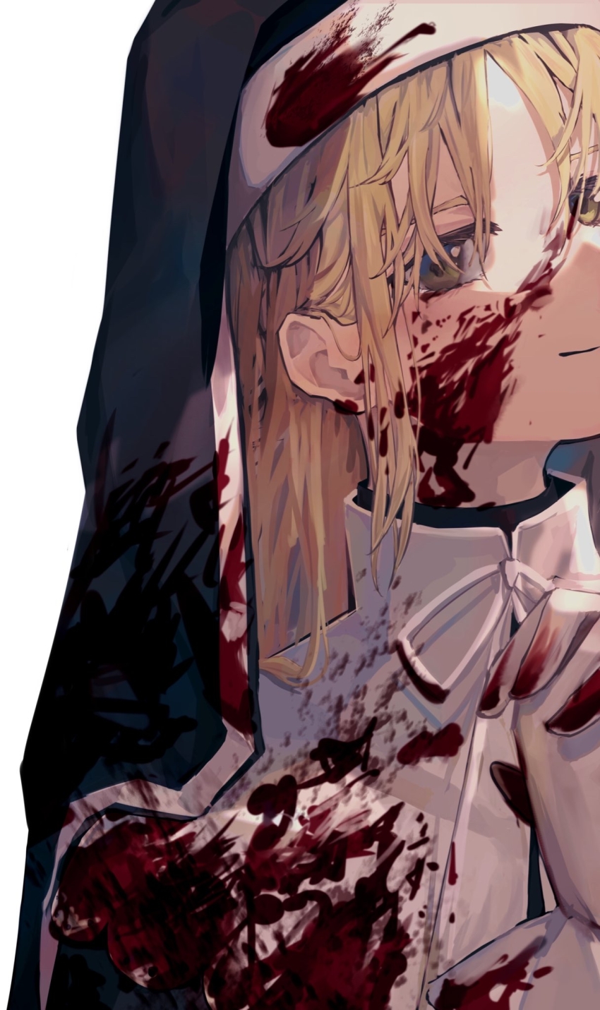 1girl, 8rk9, blonde_hair, blood, blood_on_clothes, blood_on_face, close-up, commentary_request, eyebrows_hidden_by_hair, habit, hair_between_eyes, highres, long_hair, looking_at_viewer, nijisanji, nun, partial_commentary, portrait, sidelocks, simple_background, sister_claire, sister_claire_(1st_costume), smile, solo, traditional_nun, virtual_youtuber, white_background, yellow_eyes