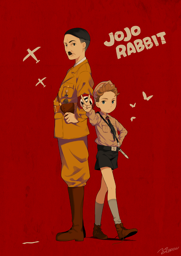 2boys, adolf_(jojo_rabbit), adolf_hitler, animification, artist_name, black_hair, blonde_hair, blue_eyes, boots, censored, child, copyright_name, english_text, facial_hair, full_body, garrison_cap, grey_legwear, hat, johannes_betzler, jojo_rabbit, looking_at_viewer, male_focus, military, military_uniform, multiple_boys, mustache, nazi, noeyebrow_(mauve), short_shorts, shorts, signature, socks, swastika, toothbrush_mustache, untied, v, world_war_ii