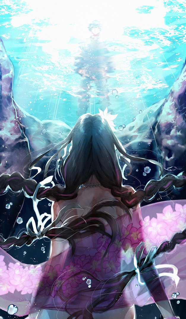 1boy, 1girl, aged_up, back, braid, bubble, fate/grand_order, fate_(series), hans_christian_andersen_(adult)_(fate), hans_christian_andersen_(fate), looking_down, looking_up, pink_sarong, sarong, sessyoin_kiara, sessyoin_kiara_(swimsuit_mooncancer)_(first_ascension), sunlight, twin_braids, underwater, yuta_arata