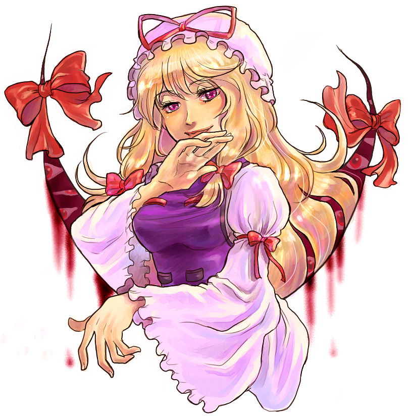 1girl, bad_id, bad_pixiv_id, blonde_hair, blood, breasts, female_focus, gap_(touhou)