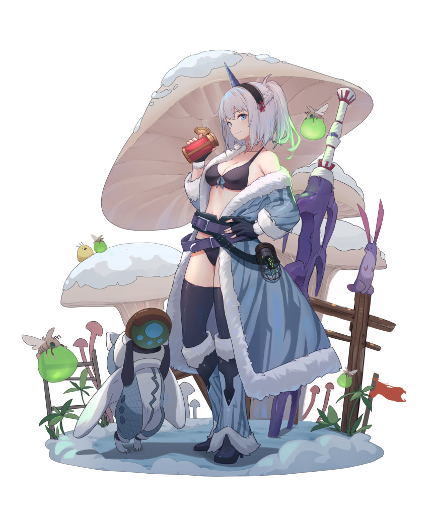 1girl, bare_shoulders, belt, bikini, black_bikini, black_boots, black_gloves, blue_coat, blue_eyes, boots, braid, breasts, bug, canteen, cleavage, closed_mouth, coat, collarbone, creature, felyne, fingerless_gloves, french_braid, fur_trim, gloves, hand_on_own_hip, hand_up, headband, highres, holding, horns, kirin_(armor), large_breasts, long_sleeves, looking_at_viewer, loose_socks, monster_hunter:_world, monster_hunter_(series), mushroom, navel, nekojira, off_shoulder, open_clothes, open_coat, planted, ponytail, revision, short_hair, silver_hair, single_horn, smile, socks, solo, standing, stomach, swimsuit, sword, thigh_boots, thighhighs, tobi-kadachi_(armor), weapon