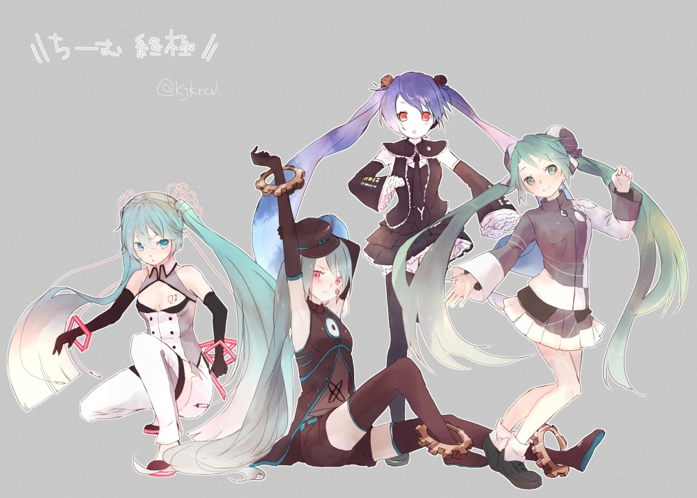 4girls, aqua_eyes, aqua_hair, arm_up, black_dress, black_gloves, black_headwear, black_legwear