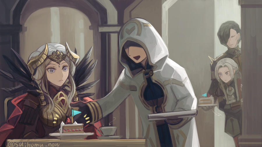 1boy, 1other, 2girls, armor, black_hair, cake, closed_eyes, closed_mouth, cup, edelgard_von_hresvelg, edelgard_von_hresvelg_(adrestian_emperor), edelgard_von_hresvelg_(timeskip), fake_horns, fire_emblem, fire_emblem:_three_houses, fire_emblem_heroes, flag, food, garreg_mach_monastery_uniform, gloves, hair_over_one_eye, hair_ribbon, headpiece, holding, hood, hood_up, horns, hubert_von_vestra, kiran_(fire_emblem), long_hair, long_sleeves, multiple_girls, nintendo, open_mouth, purple_eyes, ribbon, short_hair, sitting, suikomu_now, table, teacup, twitter_username, white_hair