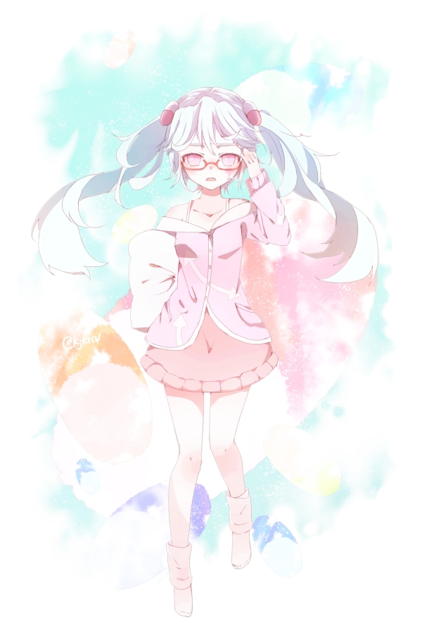 1girl, adjusting_eyewear, arrow_(symbol), arrow_print, blue_hair, commentary, facial_tattoo, full_body, hair_ornament, hand_up, hatsune_miku, hatsune_miku_(high_fever), holding, holding_pillow, lady-ichiko, light_blue_hair, long_hair, looking_at_viewer, miniskirt, open_mouth, pajamas, pill, pillow, pink_eyes, pink_pajamas, pink_skirt, pink_socks, red-framed_eyewear, semi-rimless_eyewear, skirt, slow_motion_(vocaloid), socks, solo, tattoo, twintails, twitter_username, very_long_hair, vocaloid