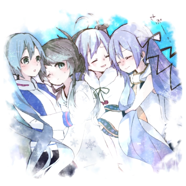 4girls, ahoge, aqua_eyes, black_pants, blue_eyes, blush, capelet, cloak