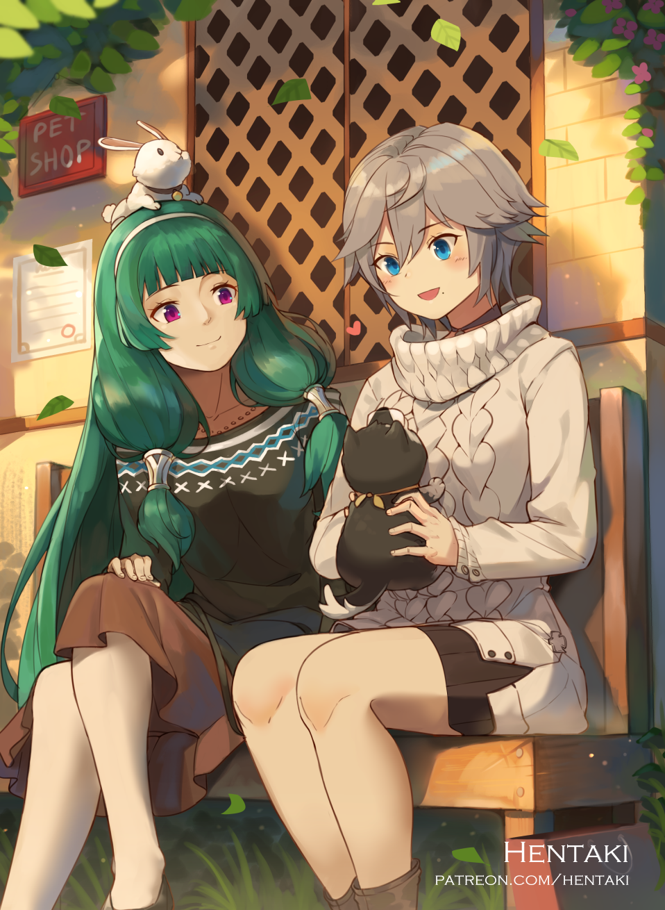 2girls, :d, animal, animal_on_head, aran_sweater, artist_name, black_shirt, black_skirt
