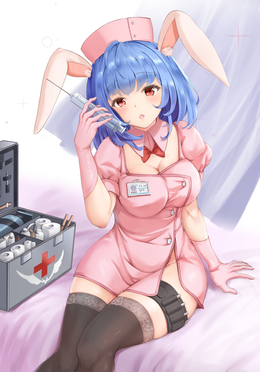 1girl, absurdres, animal_ears, arm_support, bandages, black_thighhighs, blue_hair, blush