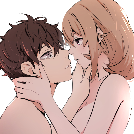 1boy, 1girl, bare_shoulders, blonde_hair, breasts, brother_and_sister, brown_eyes, brown_hair