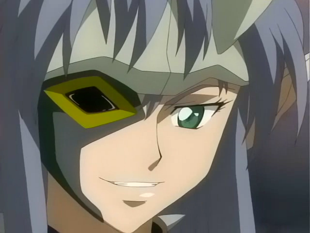 00s, 1girl, anime_screenshot, blue_hair, evil_grin, evil_smile, female_focus, green_eyes