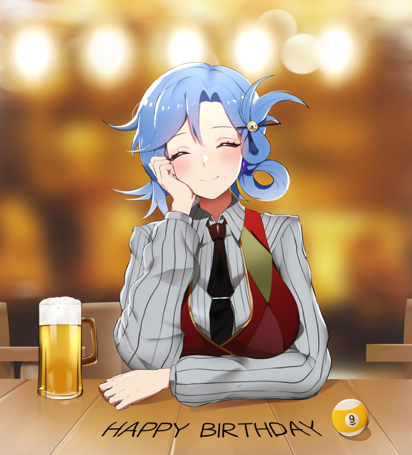 1girl, alcohol, bbuni, beer_mug, blue_hair, blurry, blurry_background, blush
