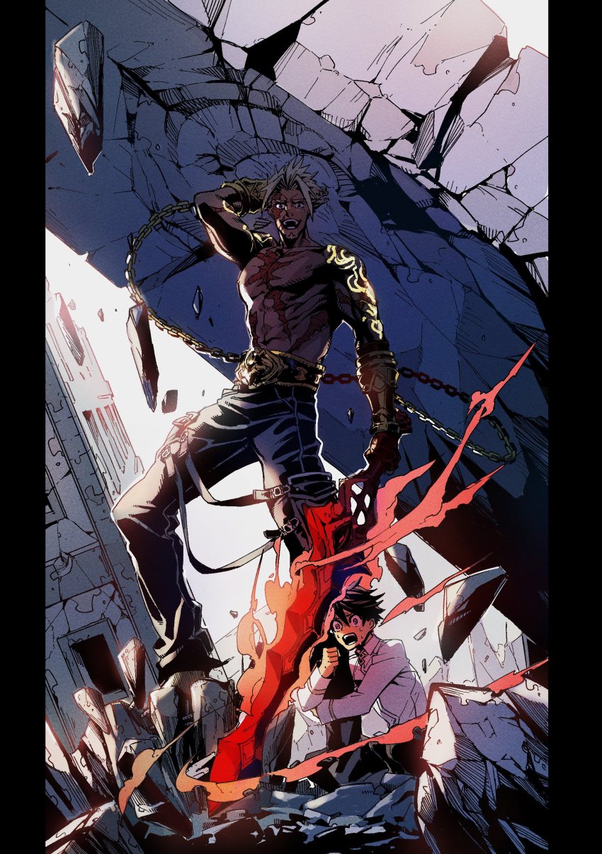 2boys, :d, absurdres, arm_tattoo, belt, beowulf_(fate), beowulf_(third_ascension)_(fate), black_eyes, black_hair, black_pants, blonde_hair, building, chain, chaldea_uniform, commentary_request, debris, facial_hair, fate/grand_order, fate_(series), fujimaru_ritsuka_(male), full_body, glowing, glowing_weapon, goatee, hair_between_eyes, highres, holding, holding_sword, holding_weapon, hugging_another's_leg, long_sleeves, looking_at_viewer, looking_away, male_focus, manly, multiple_boys, muscular, ogata_tomio, open_mouth, pants, parted_bangs, rubble, scar, scared, shirt, short_hair, smile, spiked_hair, squatting, standing, sword, tattoo, teardrop, topless_male, vambraces, weapon, white_background, white_shirt