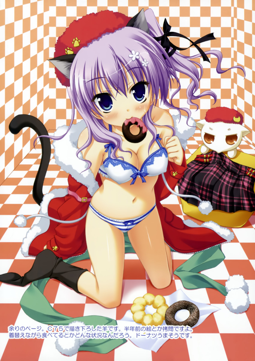 1girl, absurdres, animal_ears, blue_eyes, blush, bow, bow_bra, bow_panties, bra, breasts, cat, cat_ears, cat_tail, cleavage, covered_erect_nipples, donut, feet, female_focus, food, highres, lingerie, long_hair, mihama_hitsuji, moribe_(rabumanyo), mouth_hold, natsu_yume_nagisa, panties, purple_hair, scard, scarf, skirt, sock_dangle, solo, striped_clothes, striped_panties, tail, thighhighs, translation_request, underwear, underwear_only, undressing, white_bra