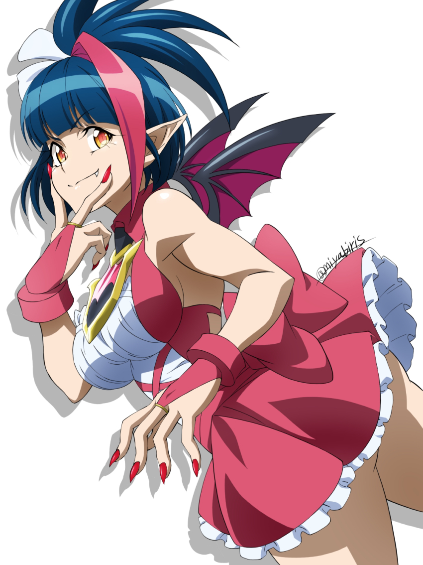 1girl, bat_wings, blue_hair, breasts, dress, fang, fang_out, fingernails