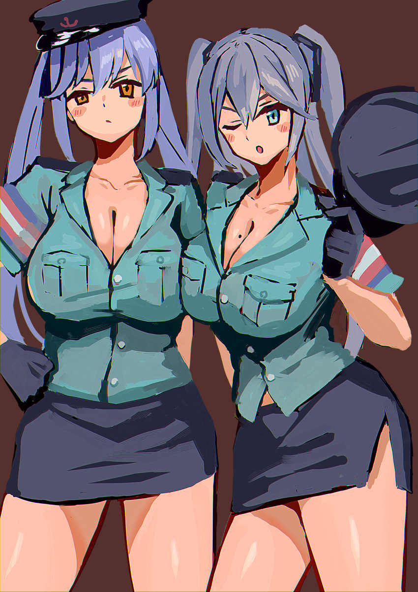2girls, absurdres, alternate_costume, armband, azur_lane, bad_id, bad_pixiv_id, breast_press, breasts, cleavage, collarbone, collared_shirt, episenpei, essex_(azur_lane), gloves, grey_hair, hat, highres, intrepid_(azur_lane), large_breasts, miniskirt, mole, mole_on_breast, multiple_girls, peaked_cap, pencil_skirt, purple_hair, shirt, skirt, symmetrical_docking, twintails
