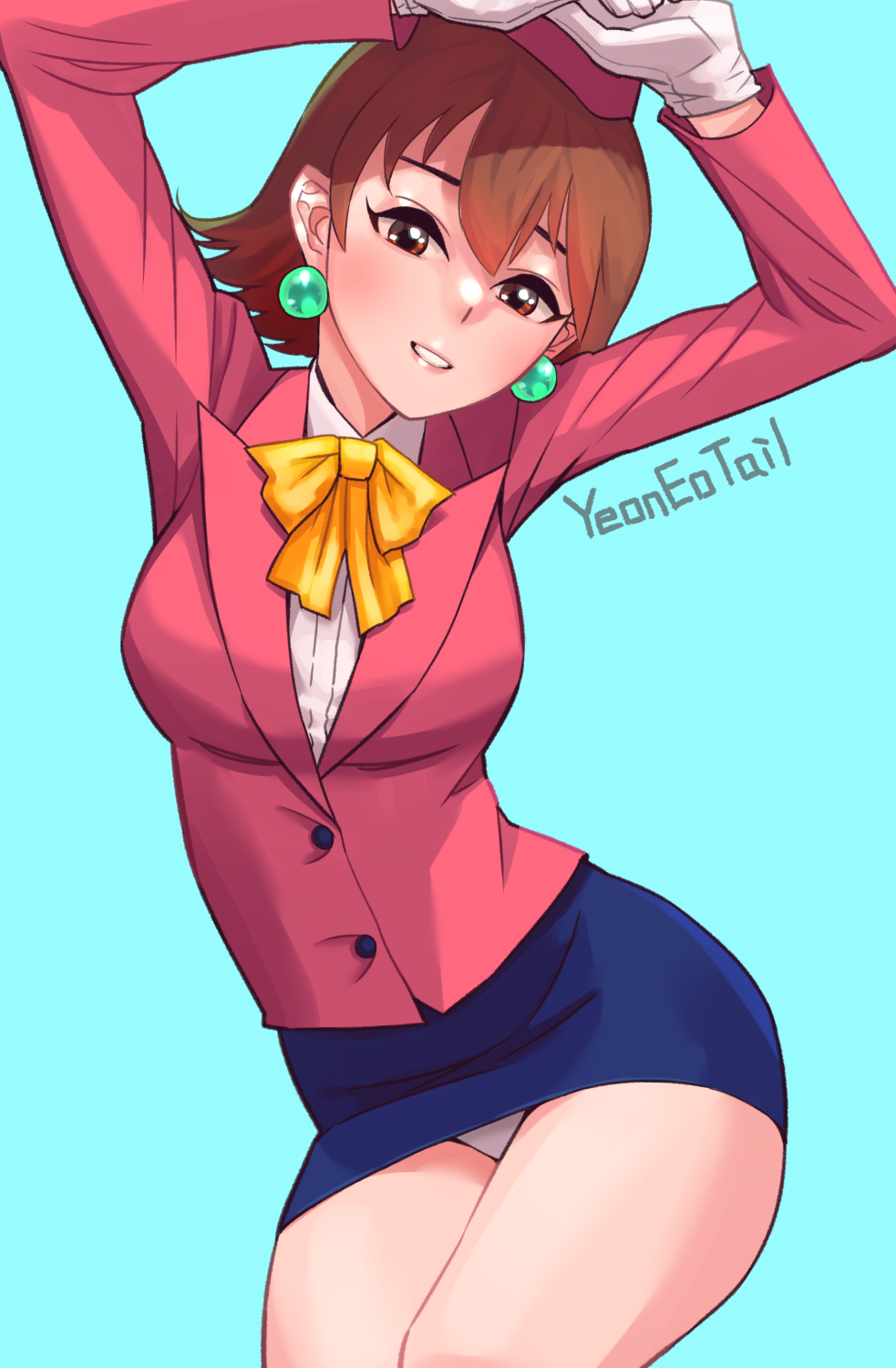 1girl, agent_aika, aika_(series), alternate_costume, arms_up, artist_name, ascot, blue_background