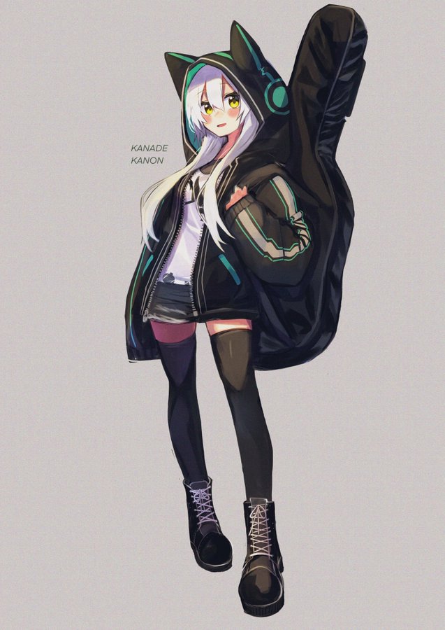1girl, animal_ears, animal_hood, black_boots, black_jacket, black_shorts, black_thighhighs, blush_stickers, boots, fake_animal_ears, full_body, grey_background, hair_between_eyes, hood, hood_up, hooded_jacket, instrument_case, jacket, kanade_kanon, kanade_kanon_official, lace-up_boots, long_hair, long_sleeves, looking_at_viewer, moti_yousei, nanashi_inc., parted_lips, shirt, short_shorts, shorts, silver_hair, simple_background, sleeves_past_wrists, smile, solo, standing, thighhighs, very_long_hair, virtual_youtuber, white_shirt, yellow_eyes