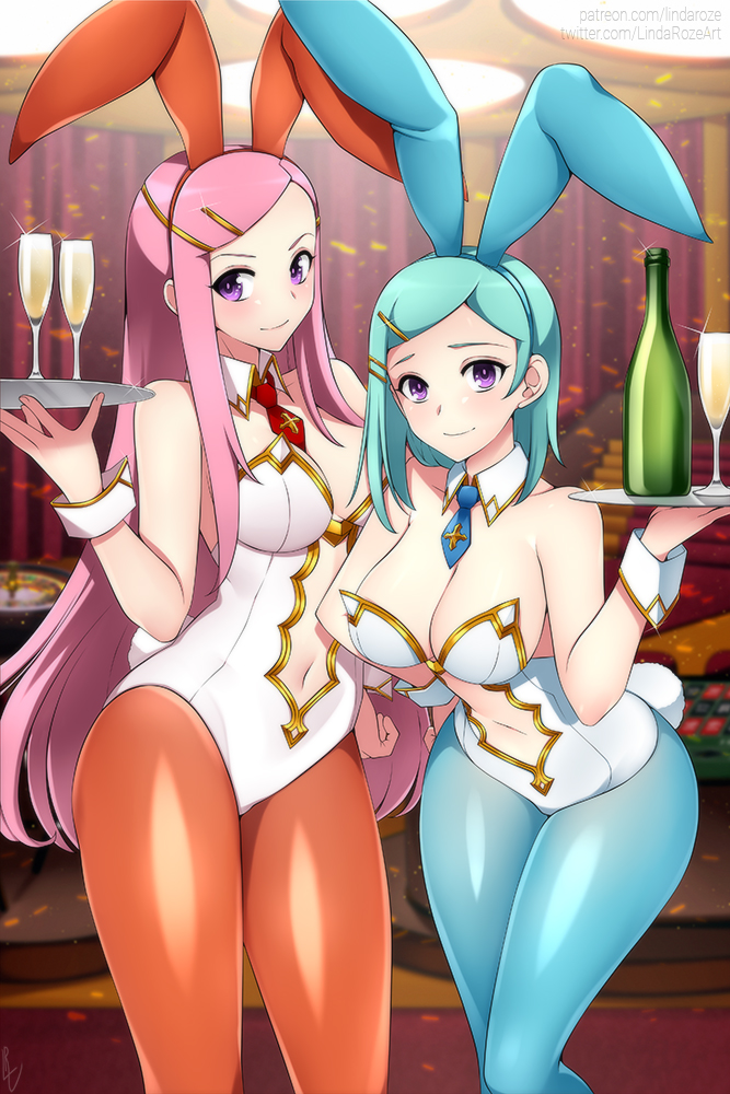 2girls, alcohol, anemone_(eureka_seven), animal_ears, aqua_hair, aqua_pantyhose, artoria_pendragon_(fate), artoria_pendragon_(lancer)_(fate)