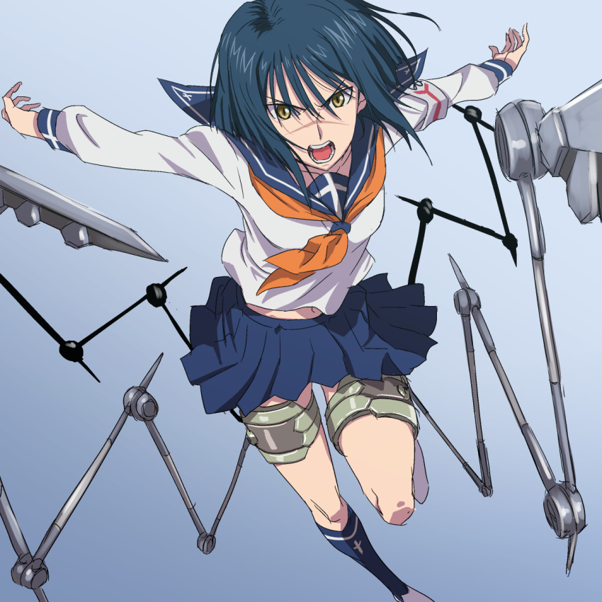 1girl, armband, blue_hair, blue_skirt, busou_renkin, highres, looking_at_viewer, navel