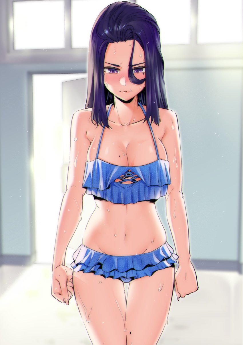 1girl, absurdres, akino_sayuri, bikini, blue_bikini, blush, breasts, cleavage