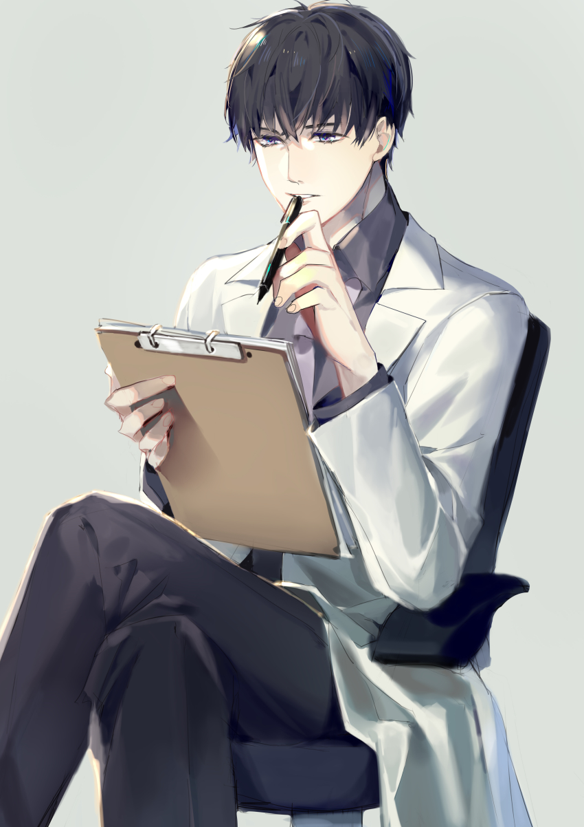 1boy, absurdres, bad_id, bad_pixiv_id, black_eyes, black_hair, clipboard, feet_out_of_frame