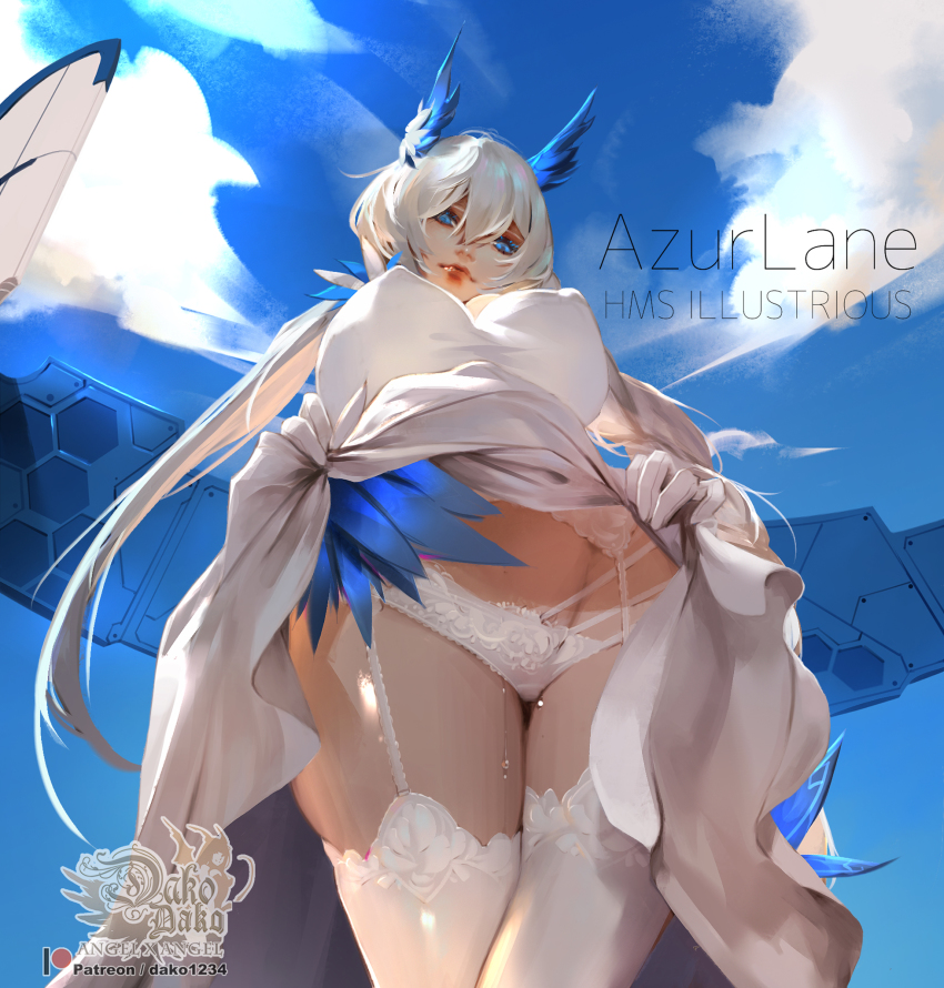 1girl, artist_logo, artist_name, azur_lane, blue_eyes, breasts, character_name, dress, from_below, garter_belt, gloves, hair_between_eyes, highres, hu_dako, illustrious_(azur_lane), illustrious_(illustrious_ball)_(azur_lane), large_breasts, legs, lifting_own_clothes, logo, long_dress, looking_at_viewer, looking_down, panties, solo, thighhighs, underwear, white_gloves, white_hair, white_panties, white_thighhighs