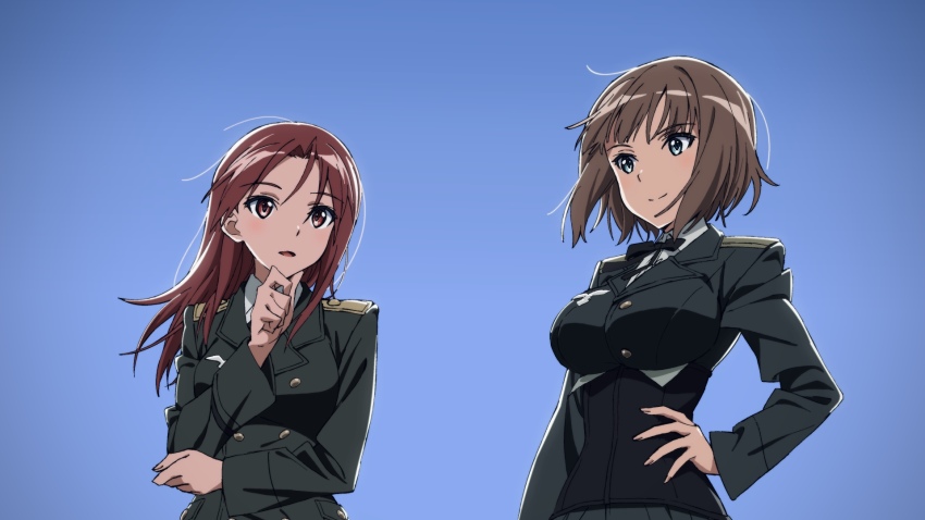 2girls, blue_eyes, brave_witches, breasts, brown_hair, gundula_rall, hand_on_own_chin, hand_on_own_hip