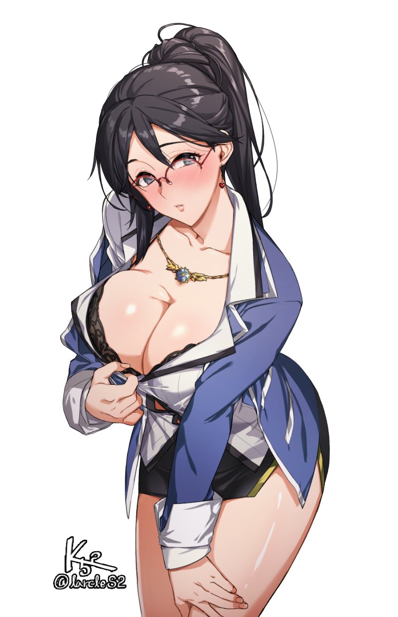 1girl, black_eyes, black_hair, black_skirt, blazer, blush, breasts, cleavage, collarbone, cowboy_shot, dress_shirt, earrings, fire_emblem, hair_between_eyes, highres, jacket, jewelry, k52, large_breasts, leaning_forward, long_hair, long_sleeves, looking_at_viewer, necklace, nintendo, nose_blush, parted_lips, semi-rimless_eyewear, shimazaki_maiko, shirt, skirt, solo, tokyo_mirage_sessions_fe, twitter_username
