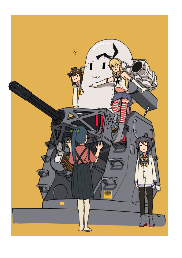 20x102_vulcan, 4girls, ammunition, ammunition_belt, ammunition_chute, anti-materiel_cartridge, autocannon, brown_background, cannon, cannon_cartridge, close-in_weapon_system, electronic_firearm, expressionless, gatling_gun, houshou_(kancolle), kantai_collection, long_hair, m61_vulcan, microskirt, multiple-barrel_gun, multiple_girls, phalanx_ciws, pleated_skirt, puff_of_air, rotary_cannon, shimakaze_(kancolle), short_hair, simple_background, skirt, sparkle, standing, timmyyen, tokitsukaze_(kancolle), very_long_hair, weapon, yukikaze_(kancolle)