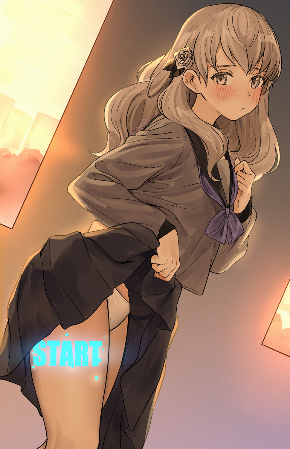 1girl, backlighting, black_sailor_collar, black_skirt, blush, clothes_lift, commentary, cowboy_shot, flower, fuyusaka_iori, grey_eyes, grey_hair, grey_serafuku, hair_flower, hair_ornament, highres, indoors, juusan_kihei_bouei_ken, lifting_own_clothes, long_hair, long_sleeves, looking_at_viewer, nakamura_rohane, neckerchief, panties, purple_neckerchief, rose, sailor_collar, school_uniform, serafuku, skirt, skirt_lift, solo, sunset, underwear, white_flower, white_panties, white_rose