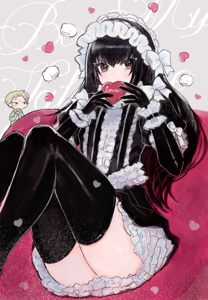 2boys, ass, black_eyes, black_hair, black_legwear, blonde_hair, blush, bow, crossdressing, crossdressing_(mtf), frills, gothic_lolita, hair_bow, hairband, heart, holding, lolita_fashion, long_hair, looking_at_viewer, male_focus, miyako_(xxxbibit), moyashimon, multiple_boys, sawaki_souemon_tadayasu, thighhighs, trap, white_bow, yuuki_kei