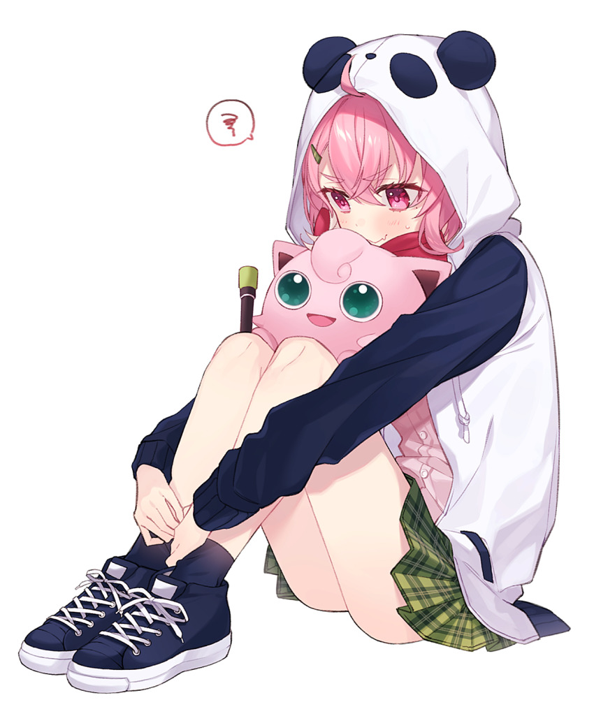 1girl, ahoge, animal_ears, animal_hood, blue_eyes, blue_footwear, crossover, gen_1_pokemon, green_skirt, hair_between_eyes, hair_ornament, hairclip, highres, hood, hoodie, jacket, jigglypuff, kannagi_aohi, knees_up, long_sleeves, microphone, nijisanji, nintendo, panda_ears, panda_hood, pink_hair, pink_shirt, plaid_clothes, plaid_skirt, pleated_skirt, pokemon, pokemon_(creature), sasaki_saku, sasaki_saku_(1st_costume), self_hug, shirt, shoes, short_hair, simple_background, sitting, skirt, smile, virtual_youtuber, white_background