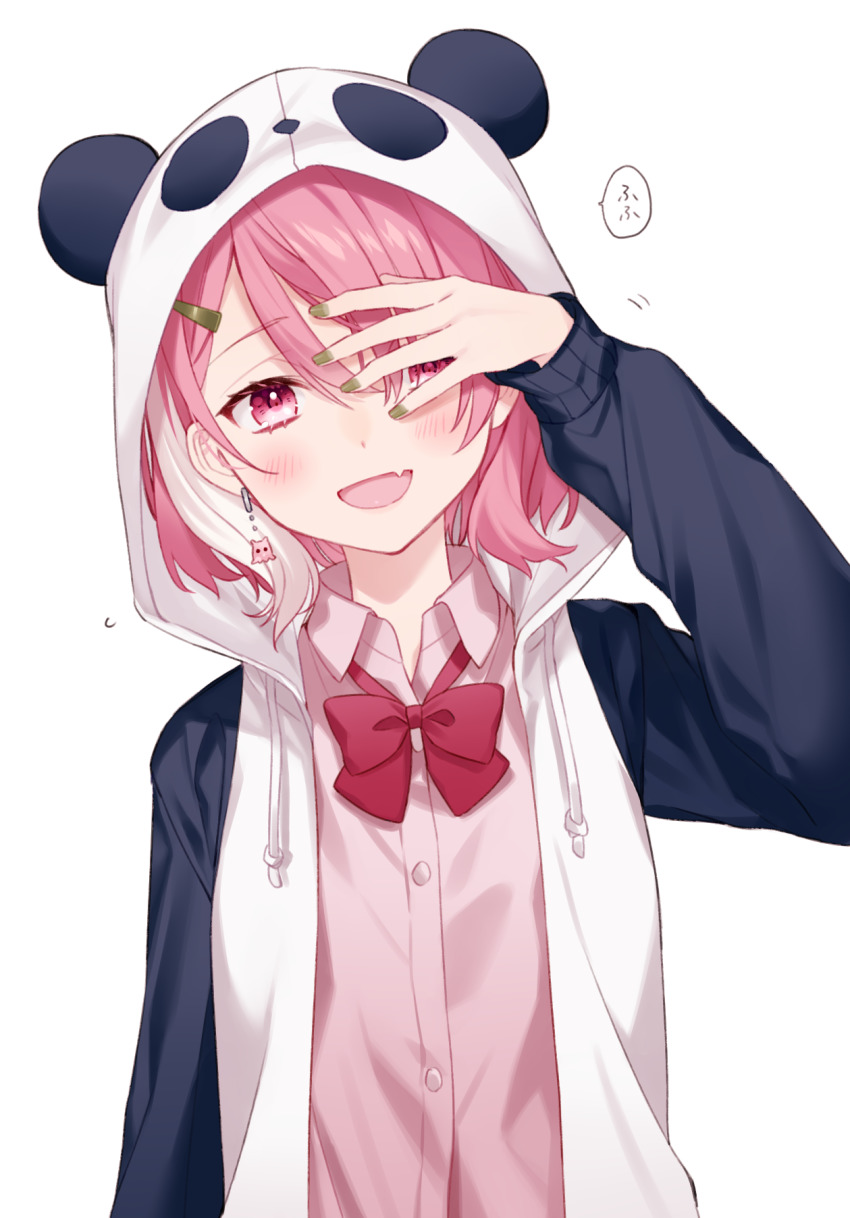 1girl, animal_ears, animal_hood, bow, bowtie, covering_one_eye, dress_shirt, earrings