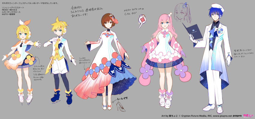 2boys, 3girls, aqua_eyes, beret, blonde_hair, blue_eyes, blue_footwear, blue_hair