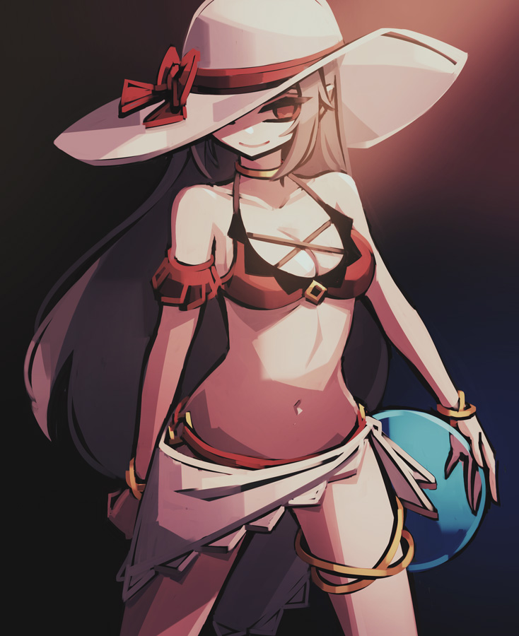 1girl, \||/, alternate_costume, arm_at_side, armband, ball, bare_arms, bare_shoulders, beachball, bikini, bracelet, breasts, brown_hair, choker, cleavage, closed_mouth, collarbone, commentary_request, cowboy_shot, dark_background, frilled_armband, frills, gradient_background, halterneck, hat, hat_ribbon, holding, holding_ball, jewelry, legs_apart, long_hair, looking_at_viewer, makaroll, medium_breasts, midriff, navel, no_pupils, o-ring, o-ring_bikini, one_eye_covered, phantom_rose, red_bikini, red_eyes, red_ribbon, reina_(phantom_rose), ribbon, sarong, shade, sidelocks, smile, solo, standing, sun_hat, swimsuit, thighlet, transparent, very_long_hair, white_hat, white_sarong, yellow_choker