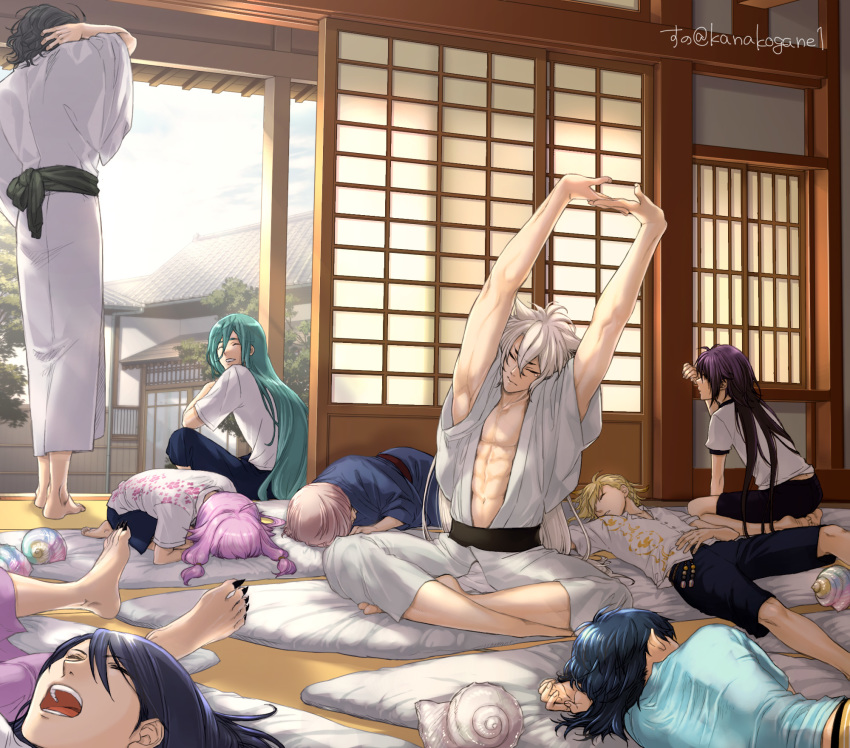 6+boys, abs, aqua_hair, architecture, armpits, black_hair, blonde_hair, blue_hair
