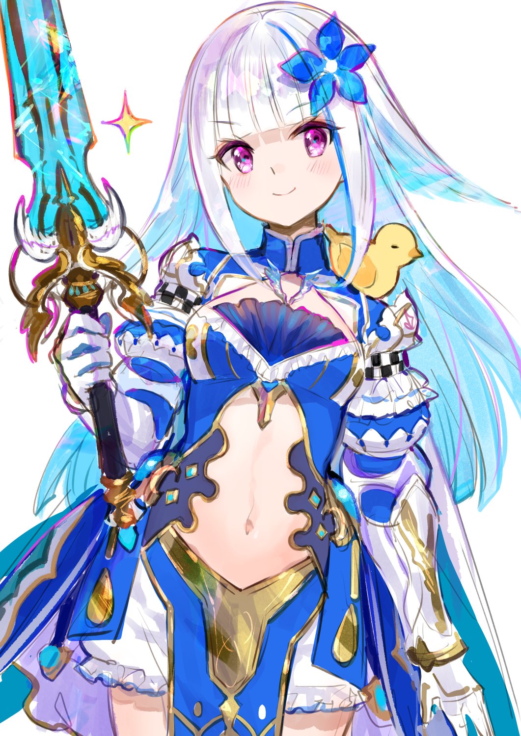 1girl, armor, baby_animal, bird, bloomers, blue_hair, blue_shirt, blunt_bangs, breasts, center_opening, chick, cowboy_shot, flower, fuzichoco, gauntlets, gold_trim, hair_flower, hair_ornament, highres, holding, holding_sword, holding_weapon, knight, lize_helesta, lize_helesta_(valkyrie_hero), long_hair, looking_at_viewer, medium_breasts, mira_(kendeshi), multicolored_hair, navel, nijisanji, pauldrons, pelvic_curtain, purple_eyes, revealing_clothes, rubber_duck, sebastian_piyodore, shirt, shoulder_armor, simple_background, sketch, smile, solo, stomach, streaked_hair, sword, two-tone_hair, underwear, virtual_youtuber, weapon, white_background, white_bloomers, white_hair