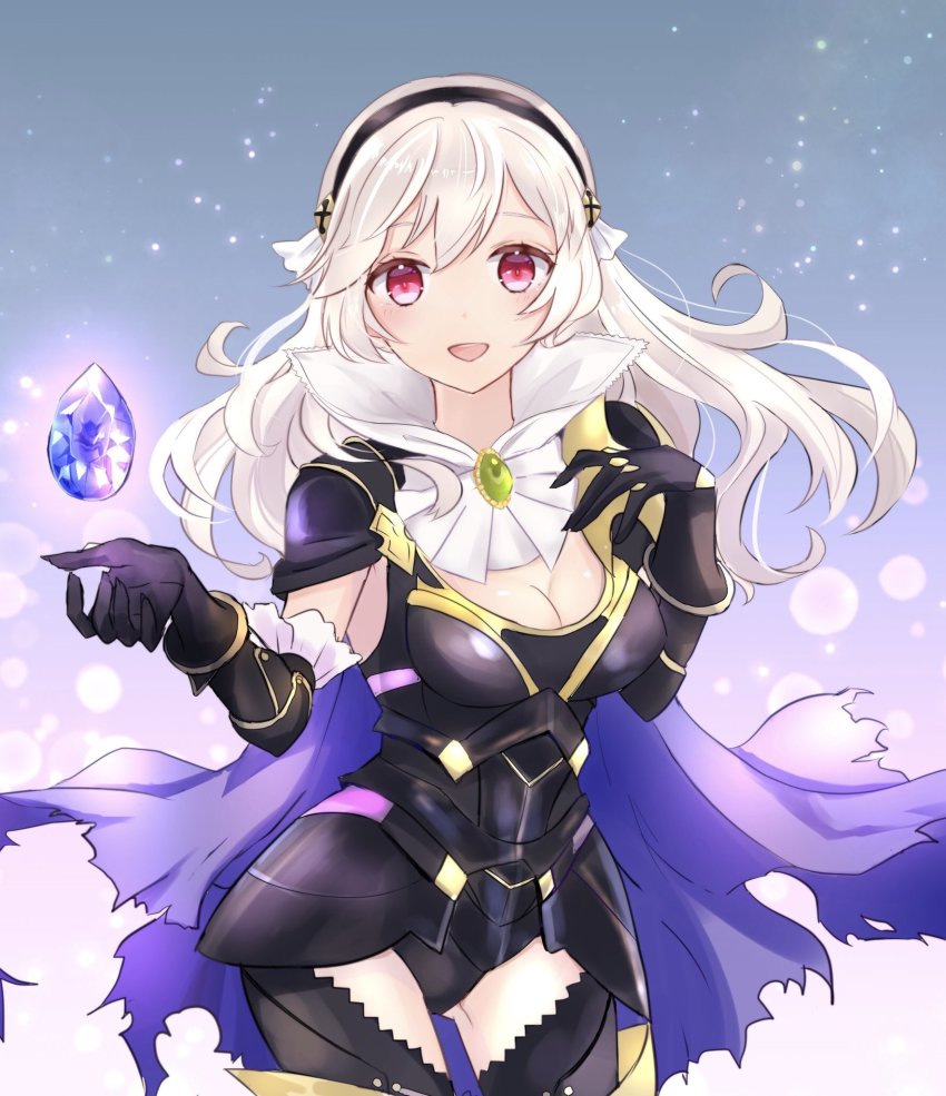 1girl, armor, black_armor, black_hairband, breasts, cape, cleavage, female_corrin_(fire_emblem)