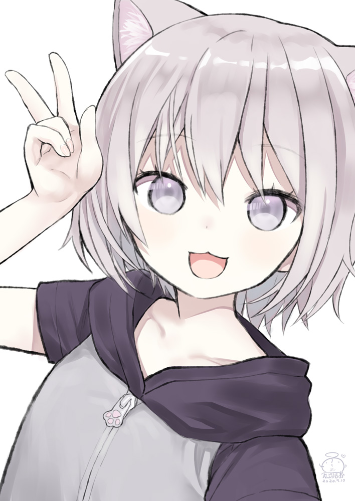 1girl, :3, :d, animal_ear_fluff, animal_ears, arm_up, capriccio, collarbone