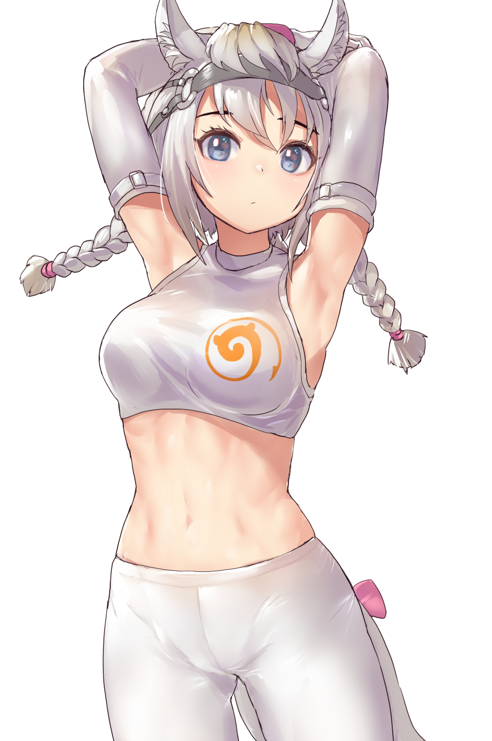 1girl, animal_ear_fluff, animal_ears, armpits, arms_behind_head, blue_eyes, bow, braid