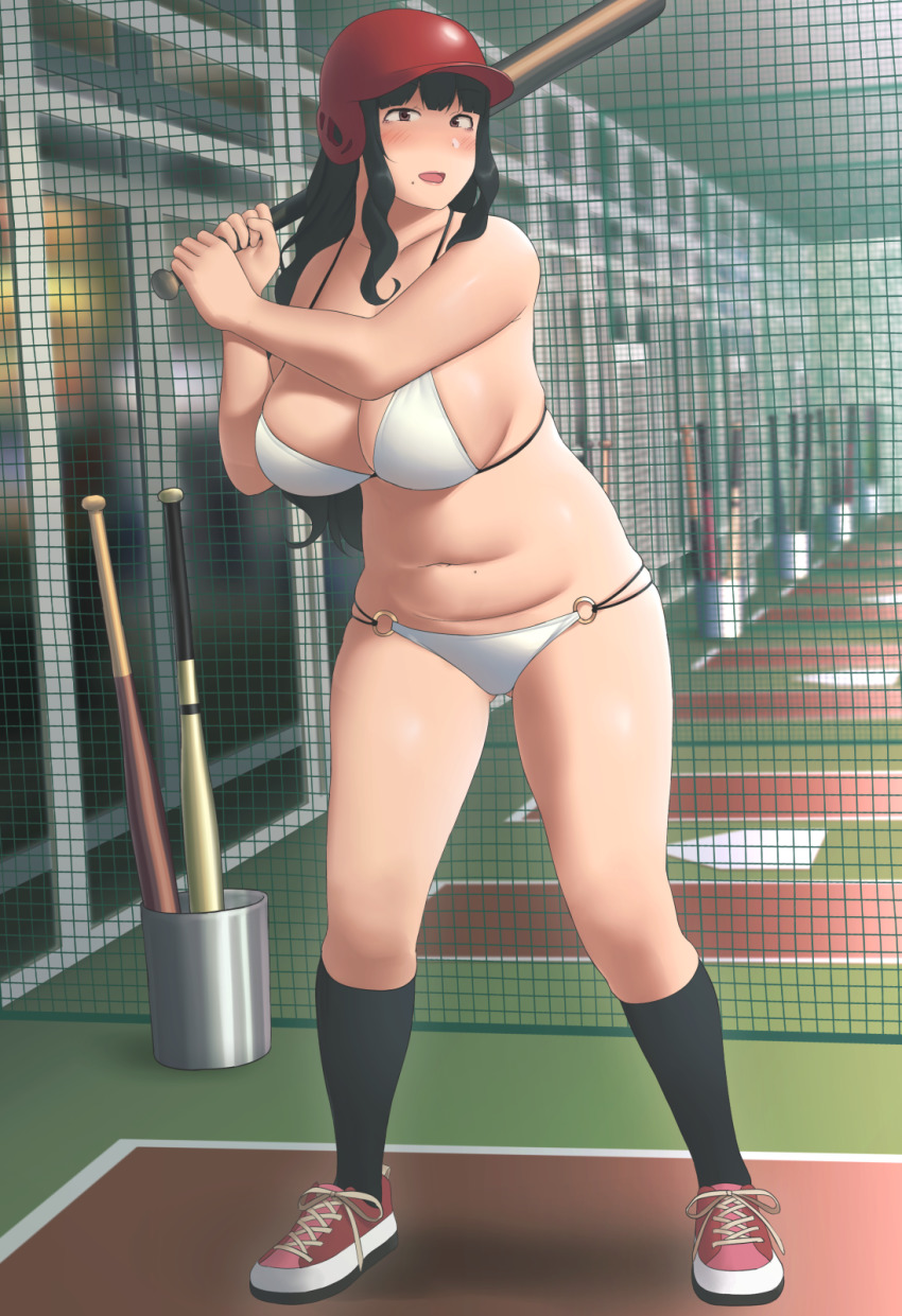 1girl, :d, baseball_bat, baseball_helmet, batting_cage, bikini, black_hair, black_socks, blush, breasts, full_body, helmet, highres, holding, holding_baseball_bat, indoors, kneehighs, large_breasts, long_hair, mole, mole_on_stomach, mole_under_mouth, muffin_top, multi-strapped_bikini, navel, o-ring, open_mouth, original, pink_shoes, plump, red_headwear, ryokucha_michi, shoes, smile, sneakers, socks, standing, swimsuit, white_bikini