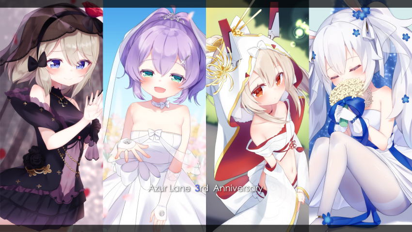 4girls, :d, animal_ears, anniversary, ayanami_(azur_lane), ayanami_(demon's_finest_dress)_(azur_lane), azur_lane, bare_shoulders