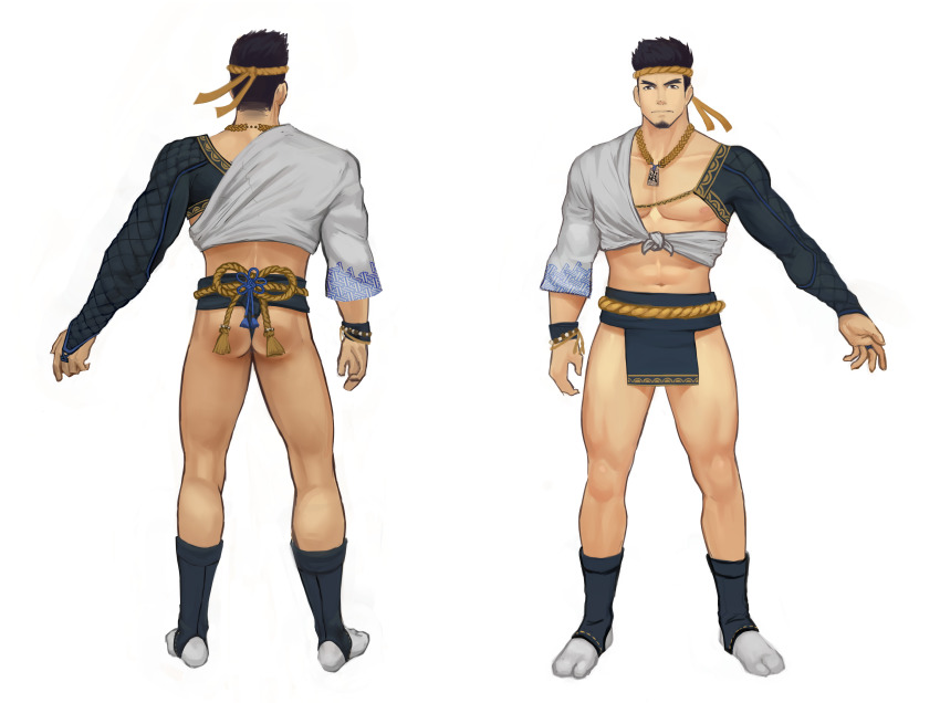 1boy, abs, absurdres, ass, bara, black_hair, reference_sheet, facial_hair