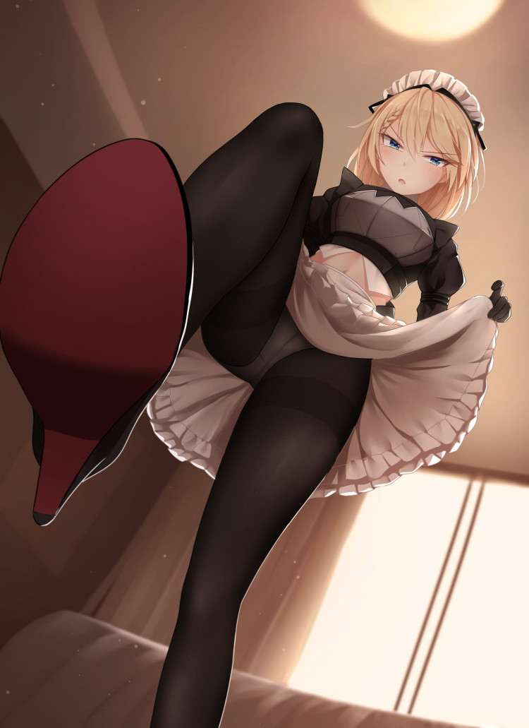 1girl, apron, black_pantyhose, blonde_hair, braid, braided_bangs, chinese_commentary, clothes_lift, commentary, commentary_request, english_commentary, frilled_apron, frills, from_below, g36_(girls'_frontline), g36_(mod3)_(girls'_frontline), girls'_frontline, green_eyes, high_heels, holding_own_skirt, indoors, juliet_sleeves, lifting_own_clothes, long_sleeves, maid, maid_apron, maid_headdress, mixed-language_commentary, mod3_(girls'_frontline), panties, panties_under_pantyhose, pantyhose, pantyshot, pov_stomped, puffy_sleeves, shoe_soles, short_hair, skirt, skirt_lift, solo, thighband_pantyhose, underwear, upskirt, white_apron, white_panties, wo_you_yibei_jia_wanli