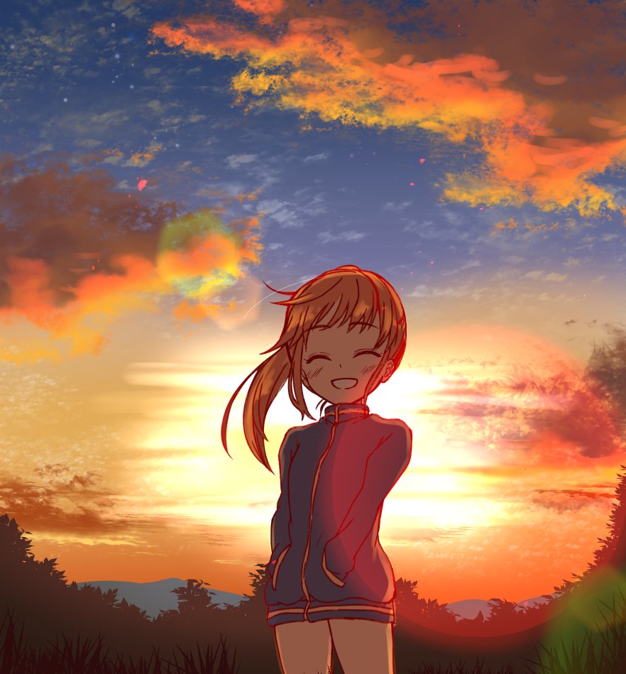 1girl, backlighting, blue_sky, brown_hair, closed_eyes, cloud, cloudy_sky, commentary
