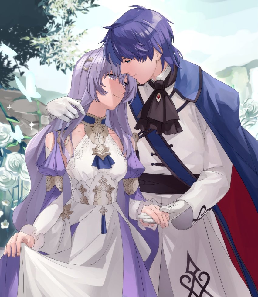 1boy, 1girl, asagi_(banzoku210), ballroom_dress, ballroom_gown, blue_hair, cape, couple, deirdre_(fire_emblem), deirdre_(masquerade)_(fire_emblem), dress, fire_emblem, fire_emblem:_genealogy_of_the_holy_war, gown, hand_in_another's_hair, hetero, highres, holding, holding_hands, holding_own_dress, holding_unworn_clothes, husband_and_wife, looking_at_another, looking_down, looking_up, nintendo, purple_hair, sigurd_(fire_emblem), sigurd_(masquerade)_(fire_emblem), smile