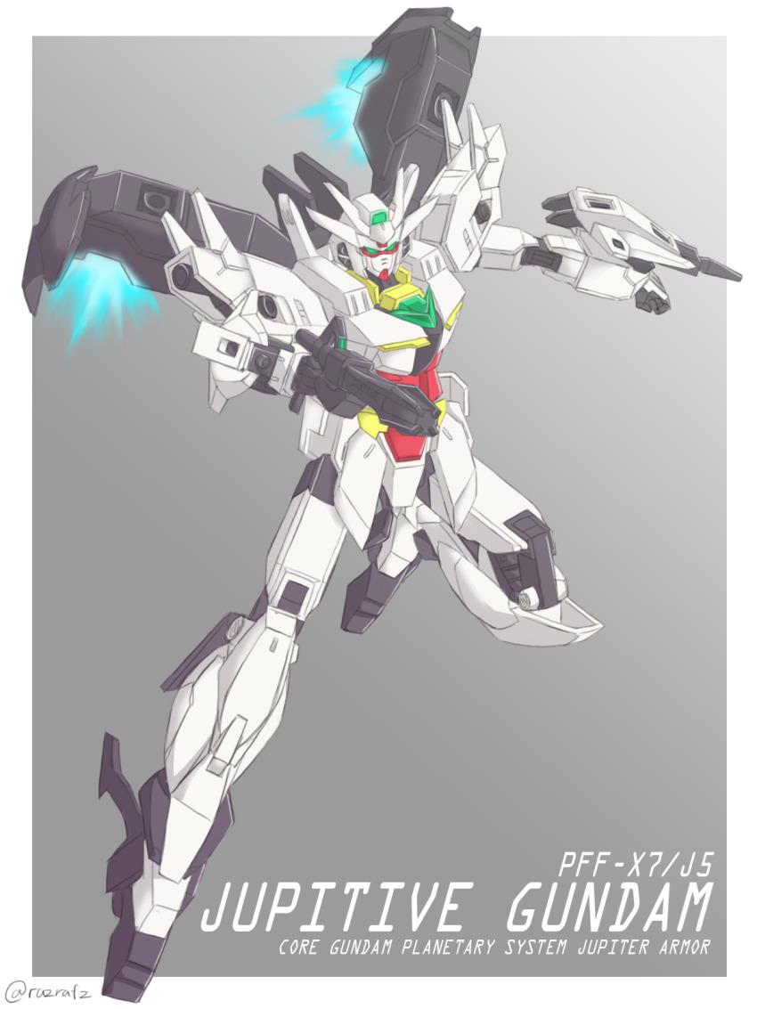 artist_name, character_name, commentary, english_commentary, flying, green_eyes, gun, gundam
