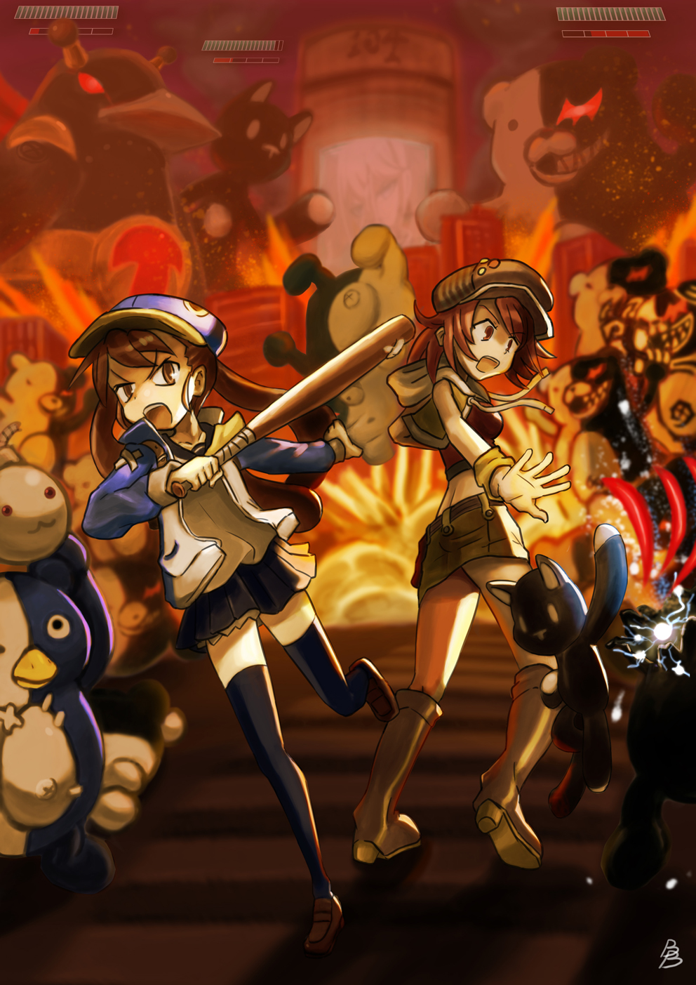 baseball_bat, bomb, boots, brown_eyes, brown_hair, building, crossover, crosswalk