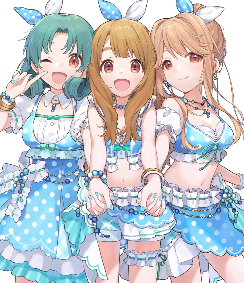 3girls, bad_id, bad_twitter_id, bare_shoulders, blue_dress, blue_shorts, blue_skirt, bow_hairband, breasts, brown_hair, chiri_(ch!), cleavage, cowboy_shot, detached_sleeves, dress, frilled_skirt, frilled_thigh_strap, frills, girl_sandwich, green_hair, hairband, holding_hands, idol, idolmaster, idolmaster_million_live!, jewelry, light_brown_hair, long_hair, medium_breasts, miyao_miya, multiple_girls, my_pace_unit, navel, necklace, open_mouth, polka_dot, polka_dot_dress, ponytail, puffy_short_sleeves, puffy_sleeves, sandwiched, short_sleeves, shorts, side-by-side, simple_background, skirt, sleeveless, smile, standing, tenkuubashi_tomoka, thigh_strap, thighs, tokugawa_matsuri, white_background