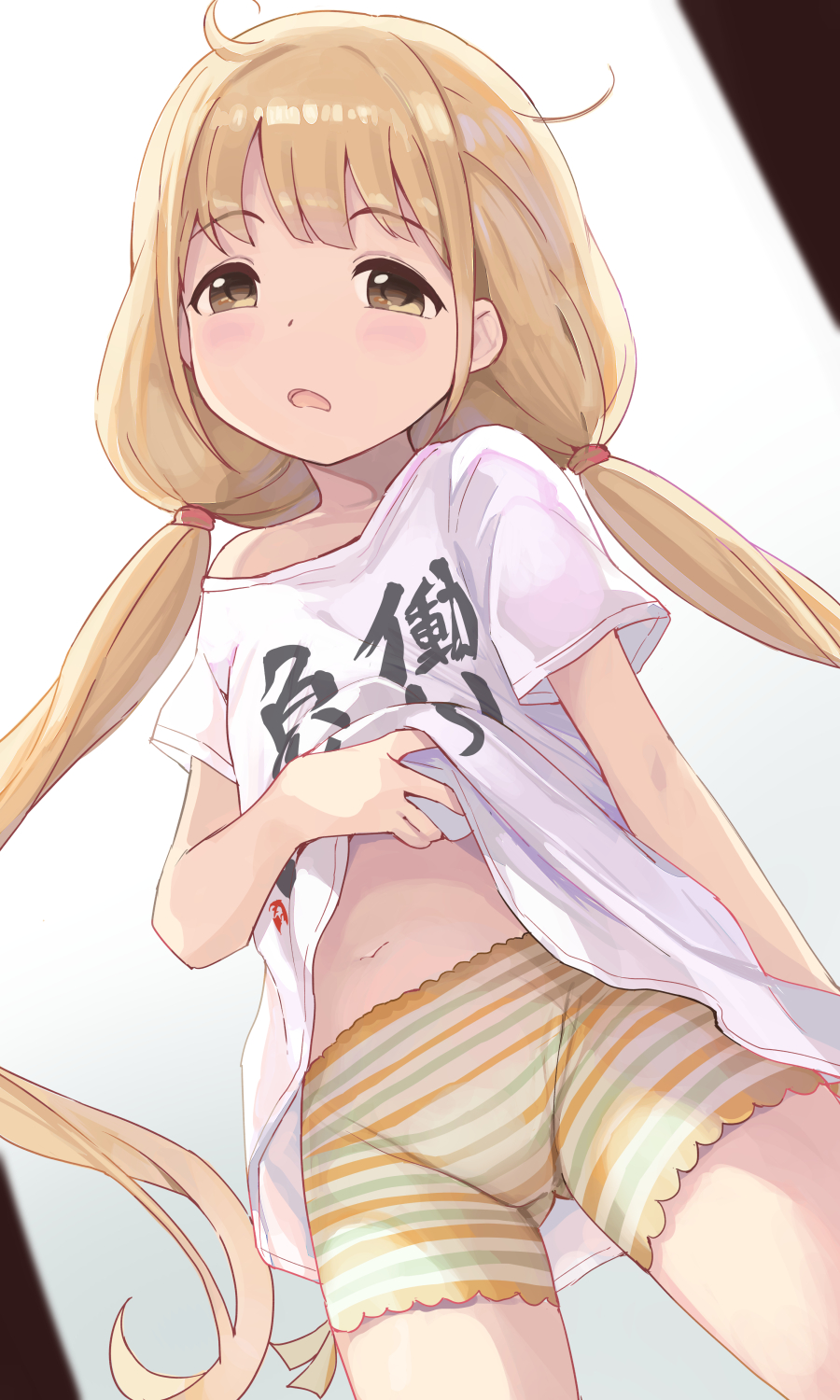 1girl, blonde_hair, dutch_angle, futaba_anzu, highres, hiroki_(yyqw7151), idolmaster, idolmaster_cinderella_girls, long_hair, looking_at_viewer, low_twintails, navel, open_mouth, oversized_clothes, shirt, shorts, solo, striped_clothes, striped_shorts, t-shirt, twintails, very_long_hair, yellow_eyes, you_work_you_lose